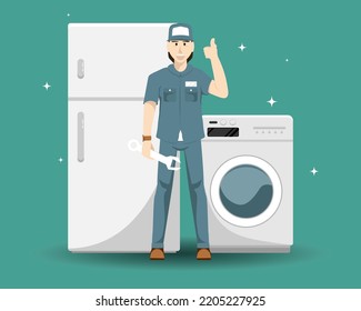 Cartoon vector illustration, Home appliance repair technician service with washing machine, refrigerator elements.