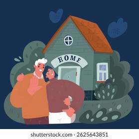 Cartoon vector illustration of Home love vector illustration. Coronavirus stay home strategy. Family relationship. Happy young family homeowners bought new house. together near new home