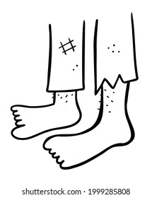 Dibujo vectorial de caricatura de personas sin hogar sin zapatos. Color blanco y negro delineado.