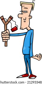 Cartoon Vector Illustration of Hooligan or Rascal with Slingshot