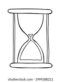 Cartoon vector illustration of hourglass nearing the end. Black outlined and white colored.