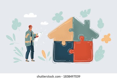 Cartoon vector illustration of House constructed of puzzle on white. Man with blueprint dressed in construction clothes in his hands standing near.