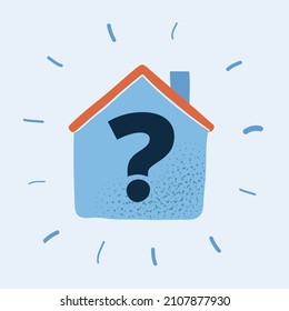 Cartoon vector illustration of house with a question mark inside.