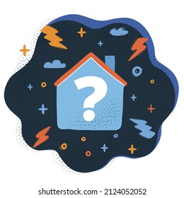 Cartoon vector illustration of house with question marks inside over dark backround.