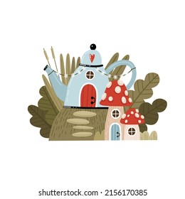 Cartoon vector illustration of house teapot with fly agaric and forest plants. Fantasy forest house, children's illustration for prints, cards, decor.