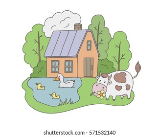 cartoon, vector illustration, house in village, duck and ducklings, cow