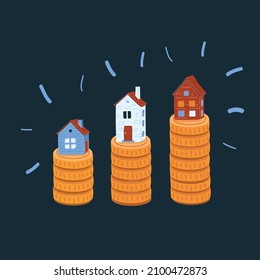 Cartoon vector illustration of houses on a stack of coins. high prices on real estate market. Object on dark backround.