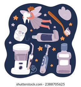 Cartoon vector illustration of How to brush your teeth step-by-step instruction. Toothbrush and toothpaste for oral hygiene. Clean white tooth. Healthy lifestyle and dental care.