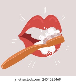 Cartoon vector illustration of How to brush your teeth. Toothbrush and toothpaste for oral hygiene. Clean white tooth. Healthy lifestyle and dental care. Female mouth