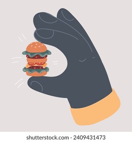 Cartoon vector illustration of Huge hand hold and tiny offering hamburger on plate to tiny girl.