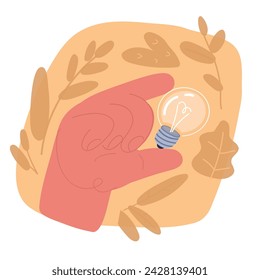 Cartoon vector illustration of Huge hand holding tiny businesswoman, clock and lightbulb. Hand with creative organized office worker Time management, creativity concept for banner or landing web page