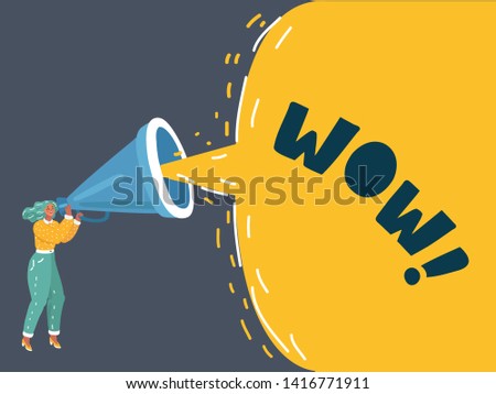 Cartoon vector illustration of Huge Speech Bubble. Woman Holding vintage Megaphone. Background Idea for Announcement, Advertisement, Feminine Event, Promotion, Campaign, Poster. Dark background.