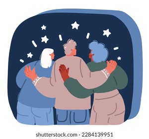 Dibujo vectorial de dibujos animados de Abrazos con la vista trasera de los amigos. Diversos personajes masculinos y femeninos se alinean abrazándose entre ellos. Celebración del Día de la Amistad, paz sobre fondo oscuro