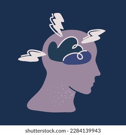 Cartoon vector illustration of Human brain pwith thunder storm inside over dark backround