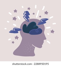Cartoon vector illustration of Human brain paper with thunder storm inside