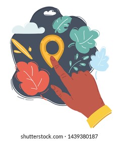 Cartoon vector illustration of Human Hand with finger point to location mark. Dark background.