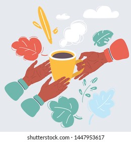 Cartoon vector illustration of Human hand holding a warm cup of tea to another persons hands. Help to the needy, humanity, charity, vulnerable sectors of society concept.