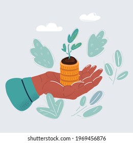 Cartoon vector illustration of Human hand with money plant on stack of coin. Investment concept on white background.