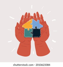 Dibujo vectorial de caricatura Ilustración de la mano humana que ensambla el rompecabezas de la forma de la casa en el fondo oscuro.