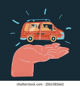 Cartoon, Vektorgrafik der menschlichen Hand mit Autoschlüssel und rotem Auto auf dunklem Hintergrund