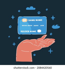 Ilustración vectorial de dibujos animados de la mano humana sostiene tarjetas de crédito en el fondo oscuro.