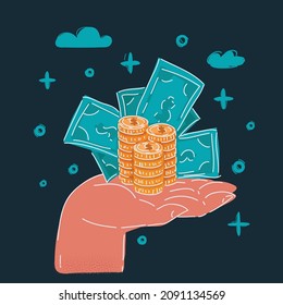 Cartoon vector illustration of Human Hand hold coins to and banknotes on dark backround.