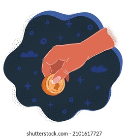 Cartoon vector illustration of human hand Giving money. Coin on dark backround.