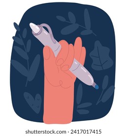 Cartoon Vektorgrafik der menschlichen Hand schreiben Ja mit Stift auf einem Abstimmungspapier. Hand des Mannes, roter Stift, Stimmzettel, Scheckzeichen. Infografik-Element für Web, Präsentation, Broschüren über Dunkel