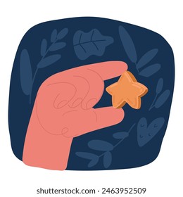 Cartoon vector illustration of Human Hand Holding a Star in meaning Favorite over dark backround