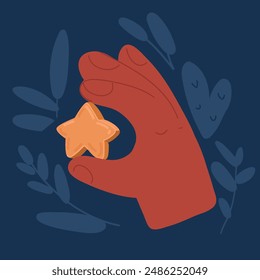 Cartoon vector illustration of Human Hand Holding a Star vector icon in meaning Favorite over dark backround