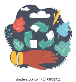 Cartoon vector illustration of human hands holding green earth with a leaf on soil