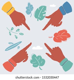 Cartoon vector illustration of human hands pointing by finger to center over white background. Cartoon vector illustration of human hands pointing by finger to center over white background.