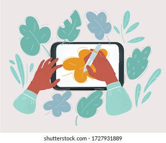 Cartoon vector illustration of human hands with stylus drawn In Screen Of Digital Tablet.