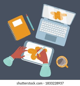 Cartoon vector illustration of human hands drawing on tablet. Object on dark background.