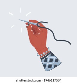 Cartoon vector illustration of human hands holding threet with needle isolated on white
