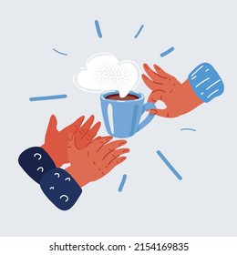 Cartoon vector illustration of human hands with cup of tea give to another person concept of goodness, love, mercy