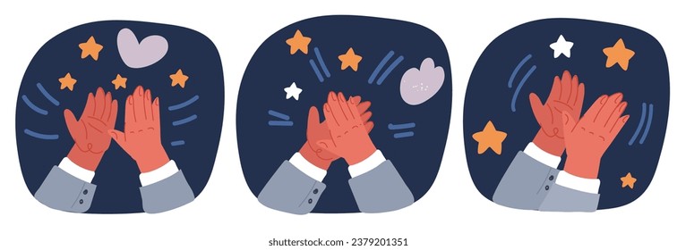 Cartoon vector illustration of Human hands clapping. People crowd applaud to congratulate success job. Hand thumbs up. Business team cheering and ovation support celebration, appreciation