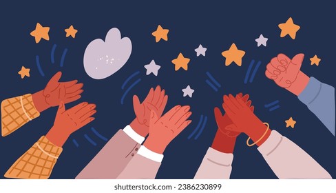 Cartoon vector illustration of Human hands clapping. People crowd applaud to congratulate success job. Hand thumbs up. Business team cheering and ovation support celebration, appreciation friendship 