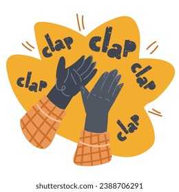 Cartoon vector illustration of Human hands clapping. People crowd applaud to congratulate success job. Hand thumbs up. Business team cheering and ovation