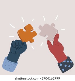 Cartoon vector illustration of Human hands putting puzzle pieces together.