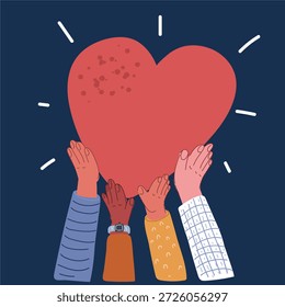 Ilustração vetorial de desenhos animados de mãos humanas segurando coração vermelho, seguro de saúde, doação de órgãos, caridade voluntária feliz, responsabilidade social RSE, dia mundial do coração, dia mundial da saúde.