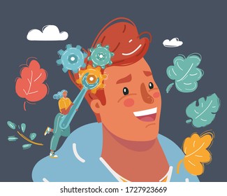 Cartoon vector illustration of Human head with gear. Influence on opinion, manipulation, therapy, behavior correction, lack of independence.