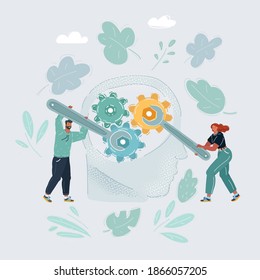 Cartoon vector illustration of human head and gears inside. Two people with wrenches try to fix something inside. Psycho therapeutic and worldview changing concept on white background.