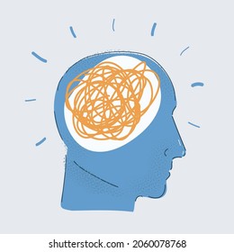 Cartoon vector illustration of human head with problems, confusion of thoughts on white.