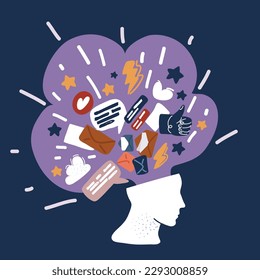 Cartoon vector illustration of human head thinking a new idea. SMM explosion inside over dark background