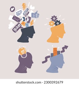 Cartoon vector illustration of Human head with gear inside, Human head with lamp bulb, Gear with coin inside, messaging online trash inside