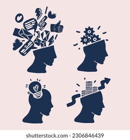 Cartoon vector illustration of Human head with gear inside, Human head with lamp bulb, Gear with coin inside, messaging online trash inside. Black and white.