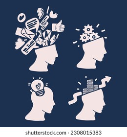 Cartoon vector illustration of Human head with gear inside, Human head with lamp bulb, Gear with coin inside, messaging online trash inside. Black and white over dark background