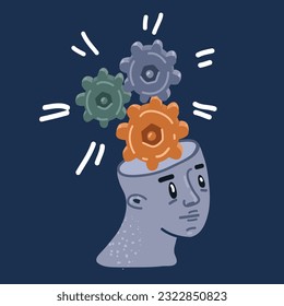 Cartoon vector illustration of Human head with cogwheels inside linear icon. Artificial intelligence. Technology progress over dark background