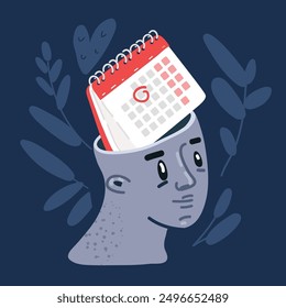 Ilustración vectorial de dibujos animados de la cabeza humana Calendario, estrategia de planificación sobre fondo oscuro